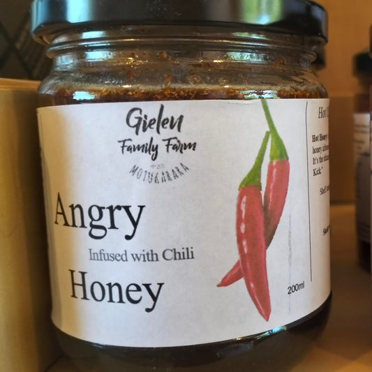 Angry honey (honey infused with chilli), local (from Motukarara)